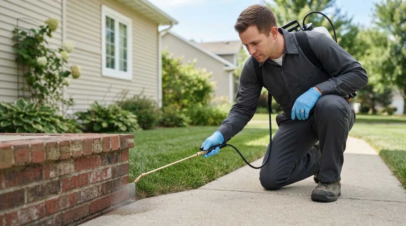 Pest control technician treating a home near Bally, PA
